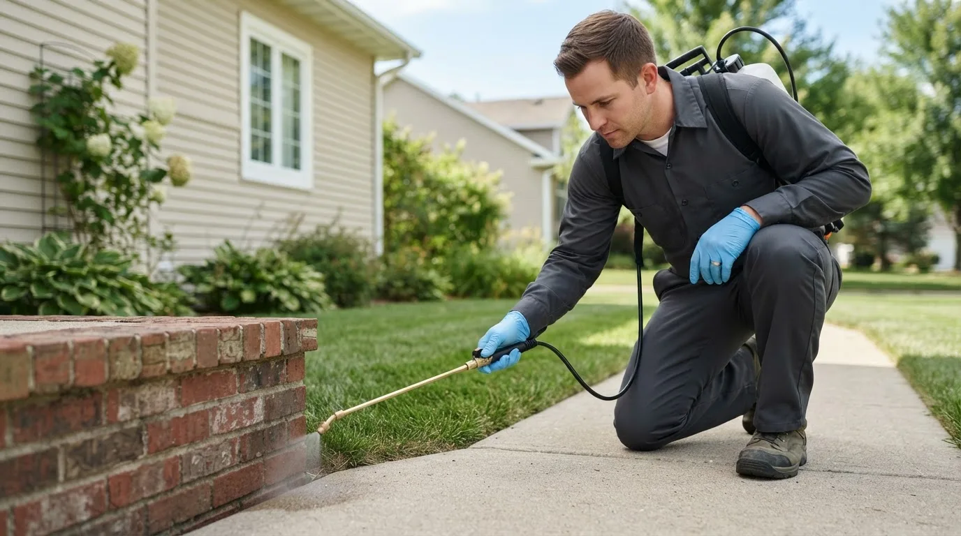 Pest control technician treating a home near Carlyle, IL